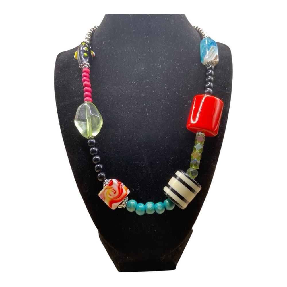 Antique Mosaic Red and Blue Beaded Glass Necklace with Eclectic Design